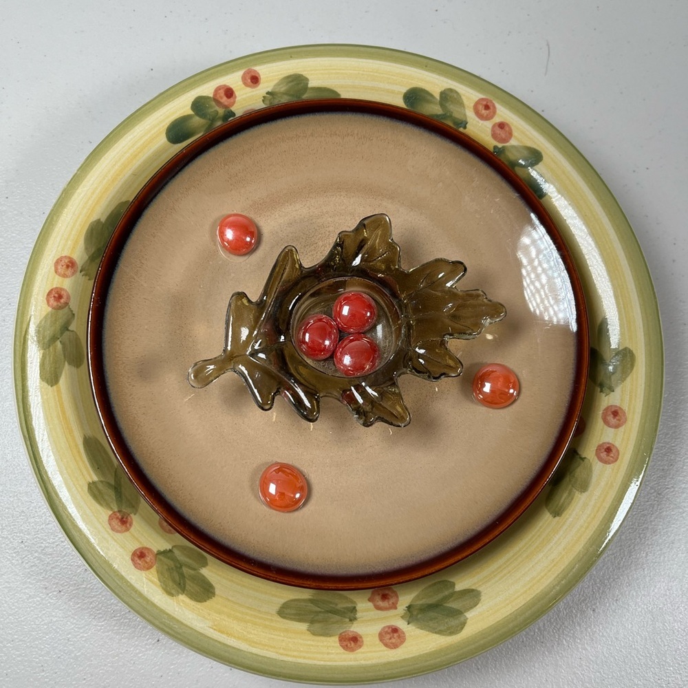 Hand Crafted Olive, Brown Red Leaf Plate, glass Art